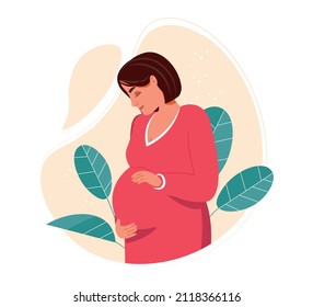 Pregnant woman with nature and leaves modern concept vector illustration in cute cartoon style, health, care. Pregnancy and motherhood. A poster with a young pregnant woman. Minimalistic design