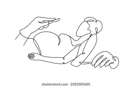 A pregnant woman is near the hands of a surgeon with a scalpel. Giving birth to a child through surgery. Cesarean section. Vector illustration.