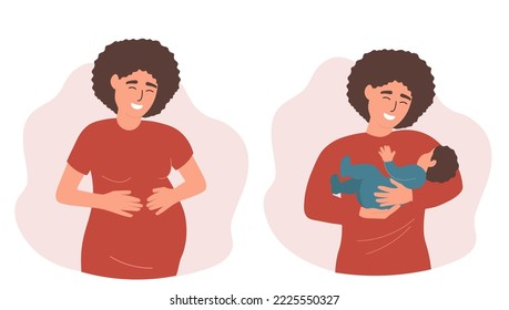 A pregnant woman and with a newborn baby in her arms. A happy mother expecting a baby. Vector graphics.