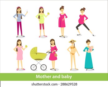 Pregnant woman and woman with newborn baby, mother and baby. Vector characters in cartoon style