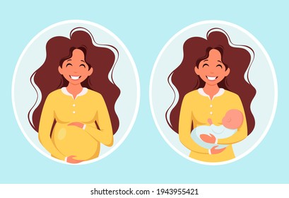 Pregnant woman. Woman with newborn. Pregnancy, motherhood concept. Vector illustration.