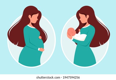 Pregnant woman. Woman with newborn. Pregnancy, motherhood concept. Vector illustration.