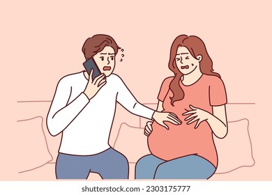 Pregnant woman next to worried husband calling doctor or 911 to report wife birth or marriage. Frightened man uses phone to tell prenatal doctor about pregnant bride stomach pains.