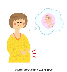 A pregnant woman noticing her baby kicks, vector illustration
