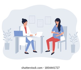 Pregnant woman at the obstetrician-gynecologist appointment. An doctor conducts a conversation before the examination in order to draw up an extended anamnesis. Flat vector illustration.
