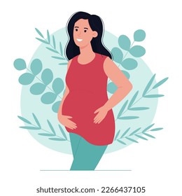 Pregnant woman on the background of green leaves. Happy smiling woman. Concept of health care during pregnancy. Vector illustration