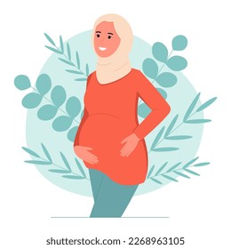 Pregnant woman on the background of green leaves. Happy smiling woman in hijab. Concept of healthcare during pregnancy. Vector illustration