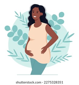 Pregnant woman on the background of green leaves. Happy smiling African American woman. Concept of healthcare during pregnancy. Vector illustration