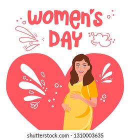 Pregnant woman on the background of hearts. Women's day beautiful inscription. Vector postcard happy pregnancy