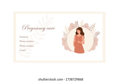 Pregnant woman on a background of leaves. Pregnancy care concept. Vector illustration in flat style. Business card template. 