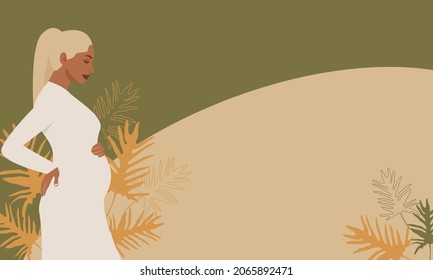 Pregnant woman on a background of leaves.The concept of pregnancy, motherhood, family. Happy mum. Pregnant belly side view. Pregnancy concept. Pregnant woman holds her belly. African american Pregnant