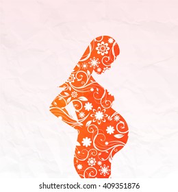 Pregnant woman on a beautiful background. Waiting for a miracle.Watercolor and ornament