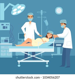 Pregnant woman on coach in medical clinic perinatal centre is ready to give a birth for a child. Obsetrician doctors in hospital. Childbirth vector illustration