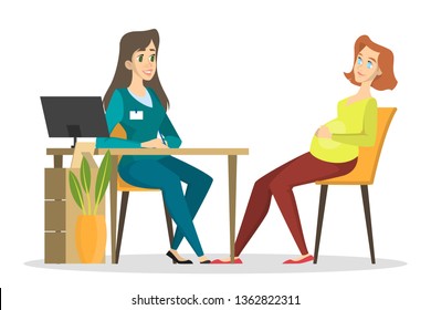 Pregnant woman on a consultation with a doctor. Pregnancy and maternity. Happy female character expecting for baby. Isolated vector illustration in cartoon style