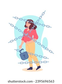 Mujer embarazada en estadio de primer trimestre encadenada con cerradura para evitar el aborto. Ilustración vectorial. Metáfora para endurecer las restricciones al concepto de aborto