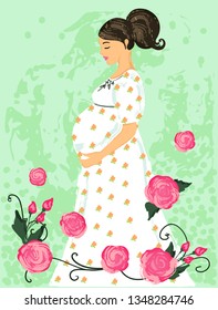 Pregnant woman on flower background.