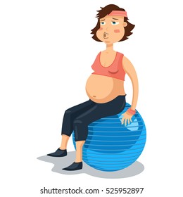 Pregnant woman on the gym ball. Cartoon vector illustration on a white background.
