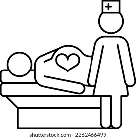 Pregnant woman on hospital bed. Baby birth line icon