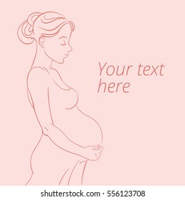 Pregnant woman on a light pink background with space for your text. Vector.