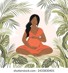 Pregnant woman on the nature. Calm parent, motherhood  and stress relief. Vector illustration