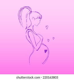 Pregnant woman on a pink background, hand drawing, vector illustration