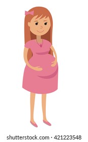 Pregnant woman on pink dress. Flat style vector Illustration isolated on white background.