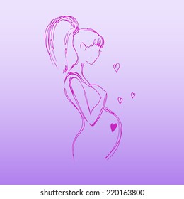 Pregnant woman on a purple background, hand drawing, vector illustration