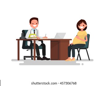 Pregnant Woman On Reception At The Doctor. Vector Illustration Of A Flat Design