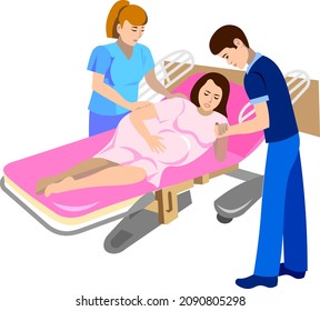 Pregnant woman on a trainer in the perinatal center of a medical clinic is ready to give birth to a child Obstetrician and husband at the hospital help a woman in labor. Vector  of childbirth.