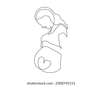 Mujer embarazada en un dibujo de línea continua. Sano embarazo y símbolo del bebé al nacer en un sencillo estilo lineal. Concepto de Feliz Día de la Madre. Trazo editable. Ilustración vectorial de contorno de Doodle