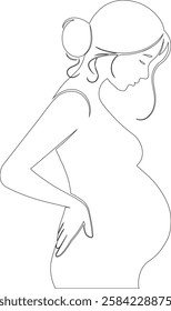 Pregnant woman with one hand supporting her spine just contour