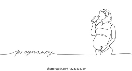 Pregnant woman one line art with an inscription pregnancy. Continuous line drawing of pregnancy, motherhood, preparation for childbirth, water balance, vitamins, drink water.