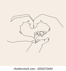 Pregnant woman one line drawing on white isolated background. Baby legs in mother Hands Vector illustration	