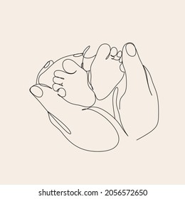 Pregnant woman one line drawing on white isolated background. Baby legs in mother Hands Vector illustration	