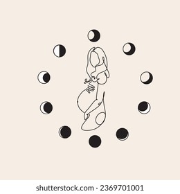 Pregnant woman one line drawing on white isolated background. 10 month of embrio Vector illustration	