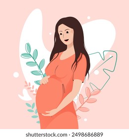 Pregnant woman in orange dress holds her belly with tenderness on peach floral background