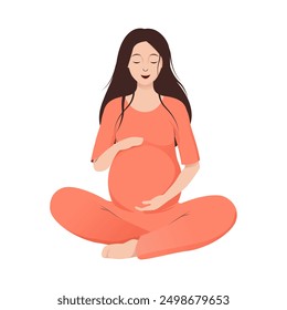 Pregnant woman in a orange dress in lotus pose tenderly holds her belly with a happy smile