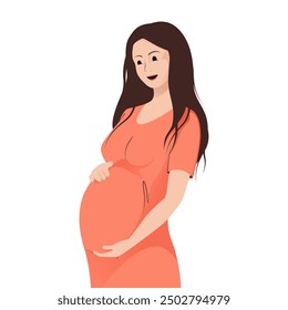 Pregnant woman in orange dress tenderly holds her belly with a happy smile