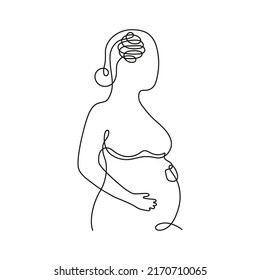 Pregnant woman outline in depression, continuous art line one drawing. Unhappy pregnancy, maternity assistance. Prenatal female with belly in doubts and trouble, anxious, asks question. Vector single