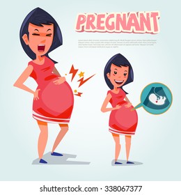 Pregnant Woman In Pain. Beauty Women Pregnancy And Fine. Infographic. Character Design - Vector Illustraion