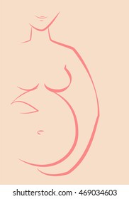 Pregnant woman painted outline , holding belly with baby smiling on a pink background