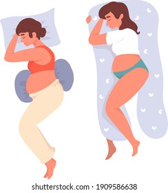 Pregnant Woman in pajamas comfortable sleeping poses, healthy night sleep. Maternity preparation. Pillow, cushion for pregnant woman. Pregnancy belly, Motherhood. New born.