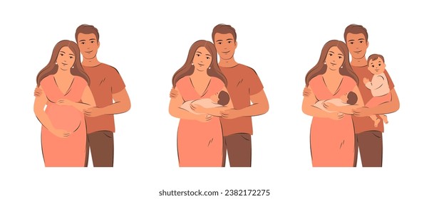 Pregnant woman, parents with newborn. Family with two children. Breastfeeding and motherhood concept. Vector illustration.