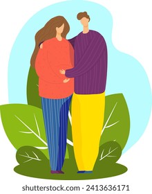 Pregnant woman with partner standing together, outdoor setting with leaves. Expectant couple embracing, love and family concept. Love, family and pregnancy vector illustration.