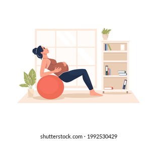 A pregnant woman performs gymnastics. Taking care of the body and health. Happy pregnancy. Future parents, motherhood. Vector illustration. Flat cartoon style. Isolated on a white background.