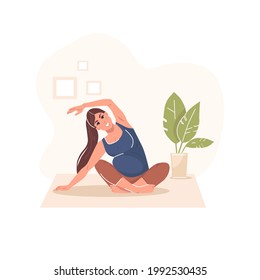 A pregnant woman performs gymnastics. Taking care of the body and health. Happy pregnancy. Future parents, motherhood. Vector illustration. Flat cartoon style. Isolated on a white background.