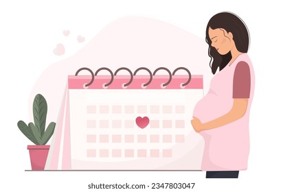 Pregnant woman with personal calendar, pregnancy planning and control calendar, women cycle tracker, flat vector illustration