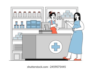 Pregnant woman in pharmacy simple. Young girl with large belly buying pills and drugs, medicines. Health care and medicine. Customer with pharmacist. Doodle flat vector illustration