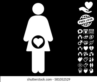 Pregnant Woman pictograph with bonus amour design elements. Vector illustration style is flat iconic white symbols on black background.