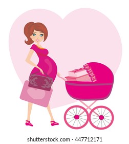 pregnant woman with a pink baby carrier full of presents
